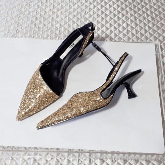 NWT Zara gold glitter slingback kitten heel pointed toe shoes, US7.5 / EU38 - Picture 8 of 11